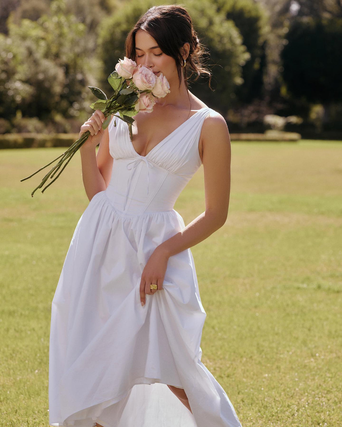 Elegant Ruched Bust Spaghetti Strap Midi Dress