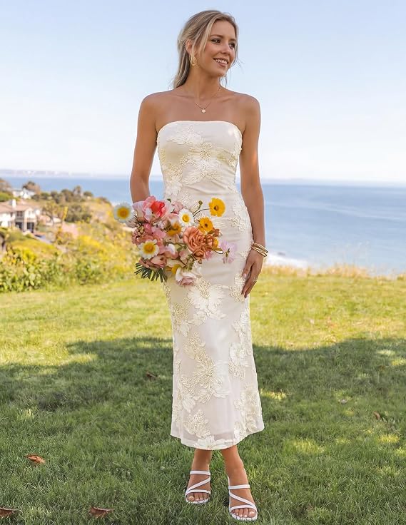 Strapless Embroidered Floral Midi Dress – Elegant Bodycon Party Dress
