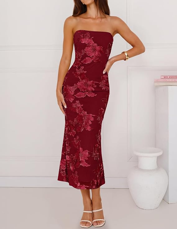 Strapless Embroidered Floral Midi Dress – Elegant Bodycon Party Dress