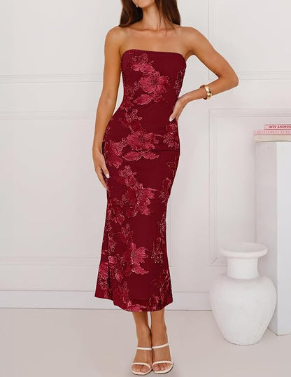 Strapless Embroidered Floral Midi Dress – Elegant Bodycon Party Dress