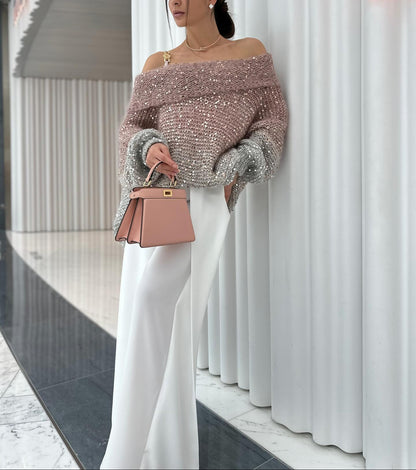 Off-Shoulder Sequin Knit Sweater – Gradient Glam Top