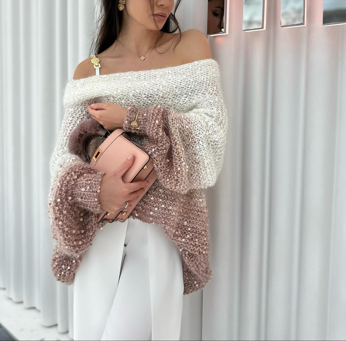 Off-Shoulder Sequin Knit Sweater – Gradient Glam Top