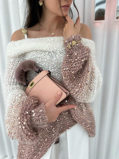Off-Shoulder Sequin Knit Sweater – Gradient Glam Top