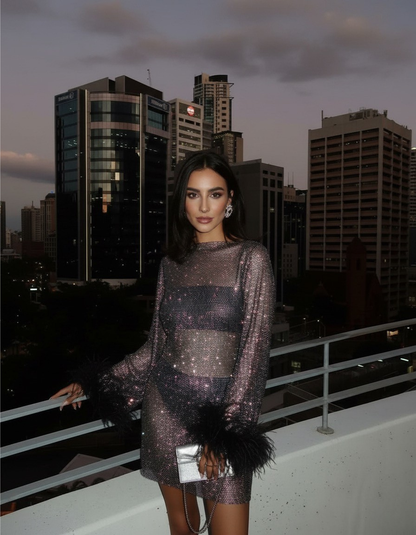 Sparkly Sequin Mesh Mini Dress with Feather Cuffs
