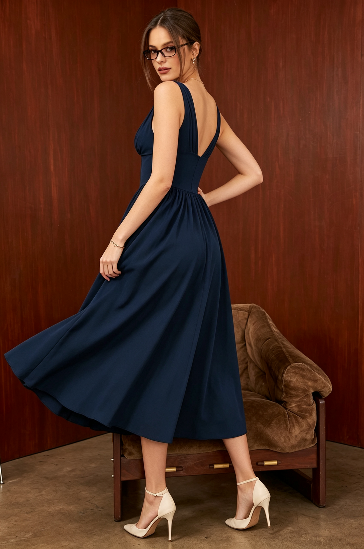 Elegant Ruched Bust Spaghetti Strap Midi Dress