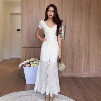 French Cottage Vintage Lace Button-Down Maxi Dress