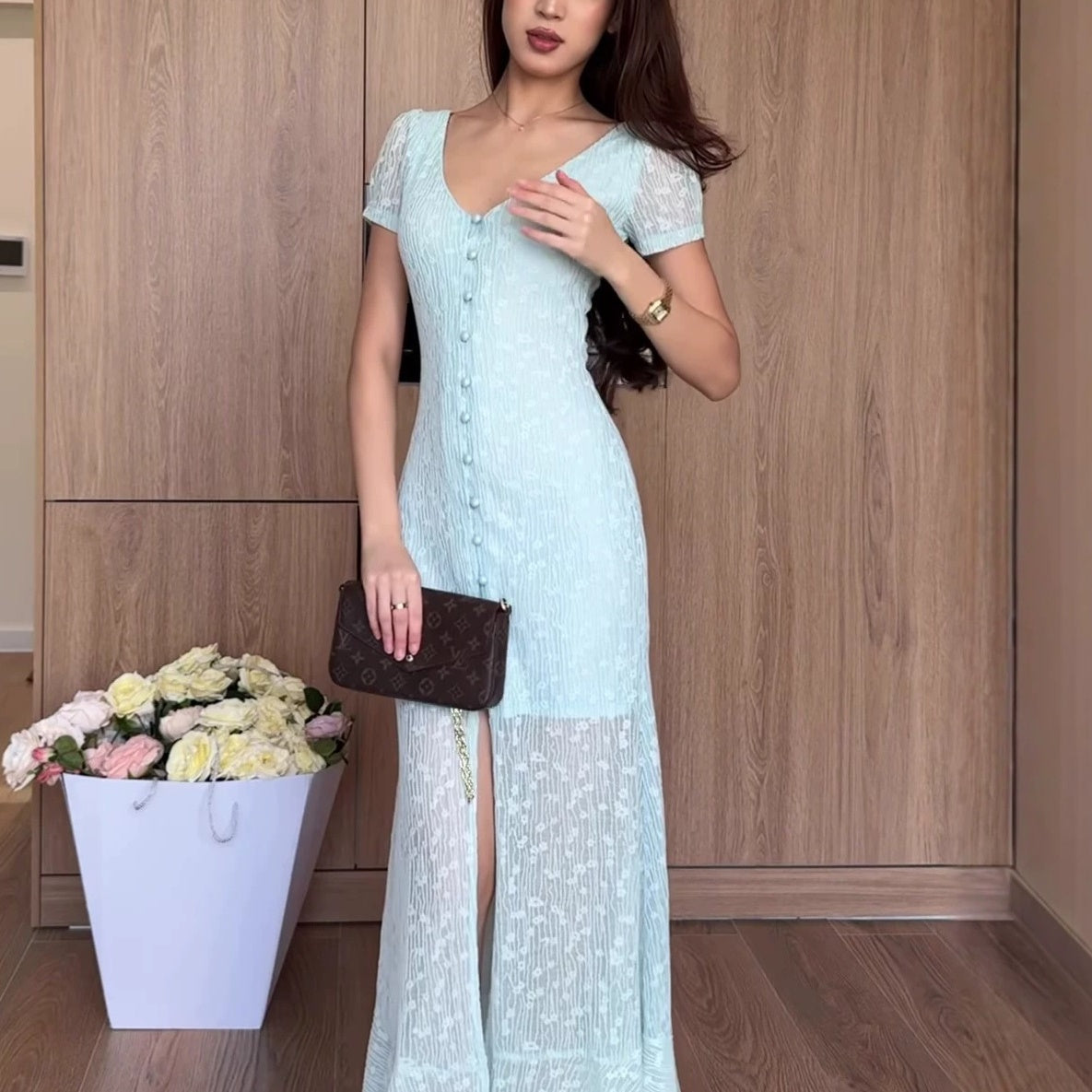French Cottage Vintage Lace Button-Down Maxi Dress