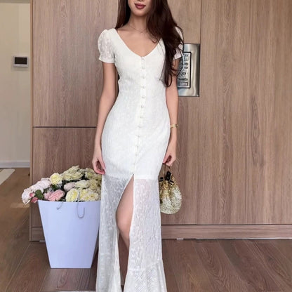 French Cottage Vintage Lace Button-Down Maxi Dress