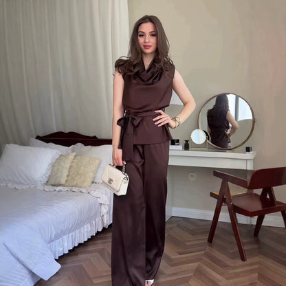 Women's Satin Cowl Neck Sleeveless Belted Two-Piece Wide Leg Pants Set