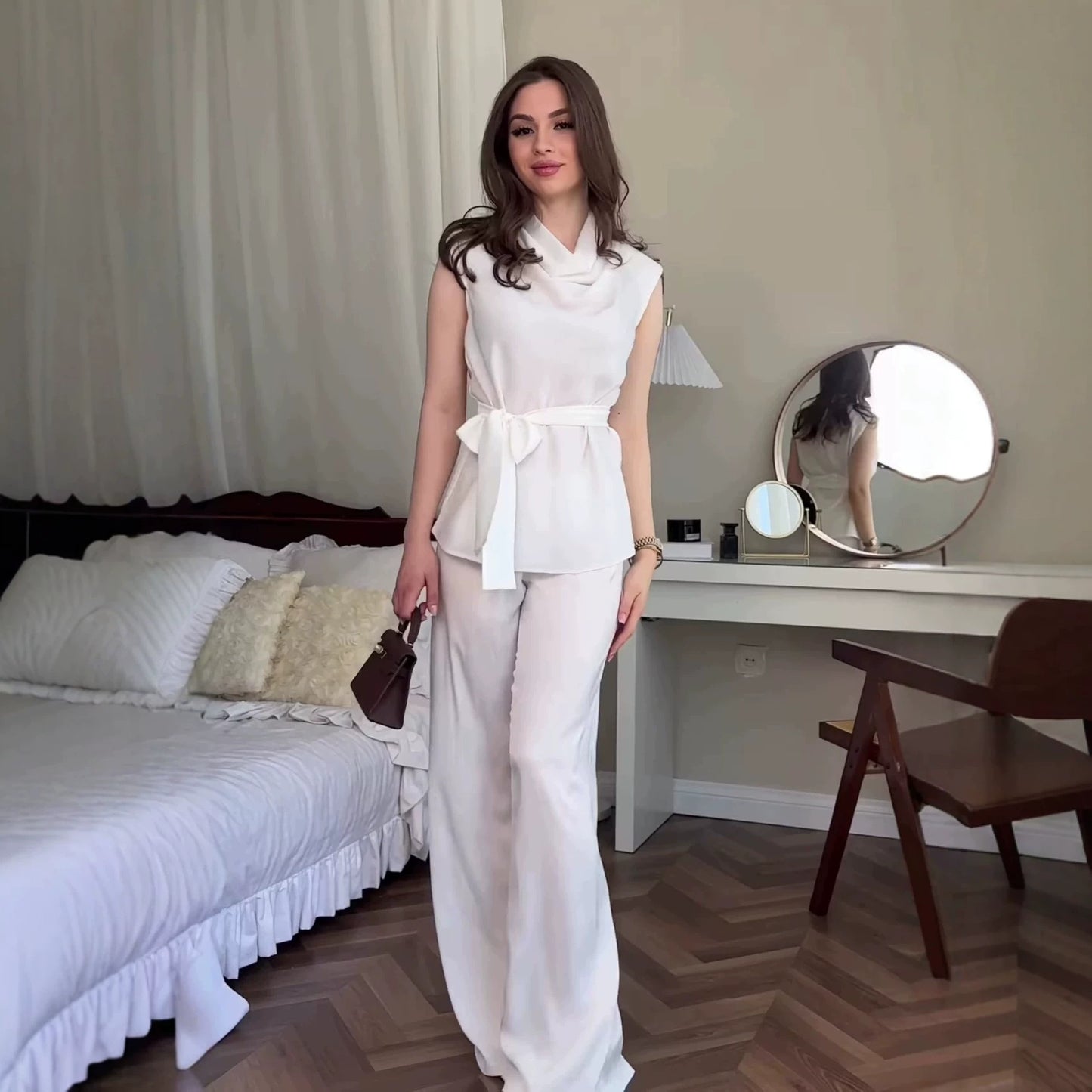 Women's Satin Cowl Neck Sleeveless Belted Two-Piece Wide Leg Pants Set