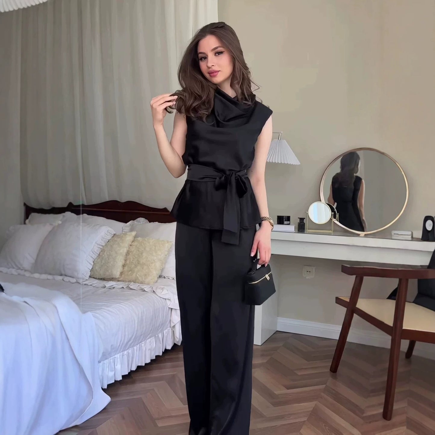 Women's Satin Cowl Neck Sleeveless Belted Two-Piece Wide Leg Pants Set