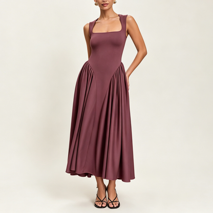 Square Neck Drop Waist Ruched Maxi Dress