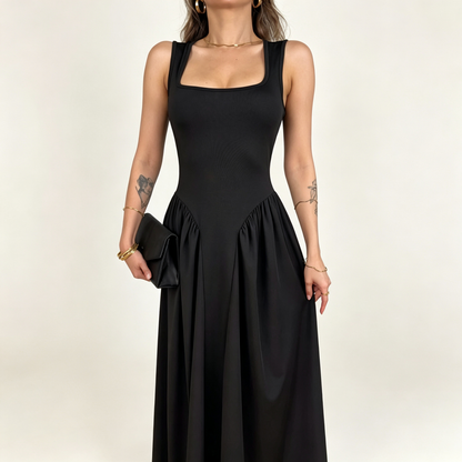 Square Neck Drop Waist Ruched Maxi Dress