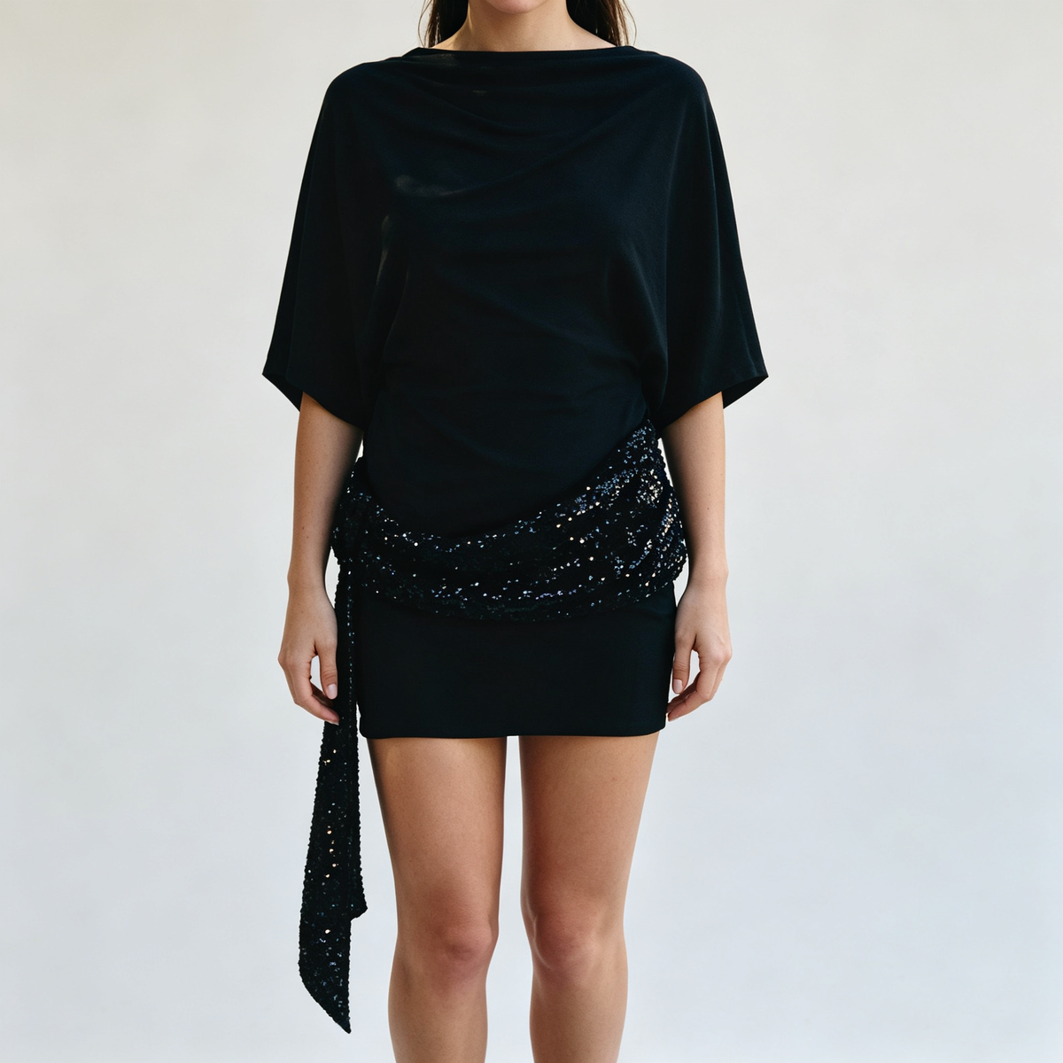 Elegant Sequin Sash Flutter Sleeve Bodycon Mini Dress