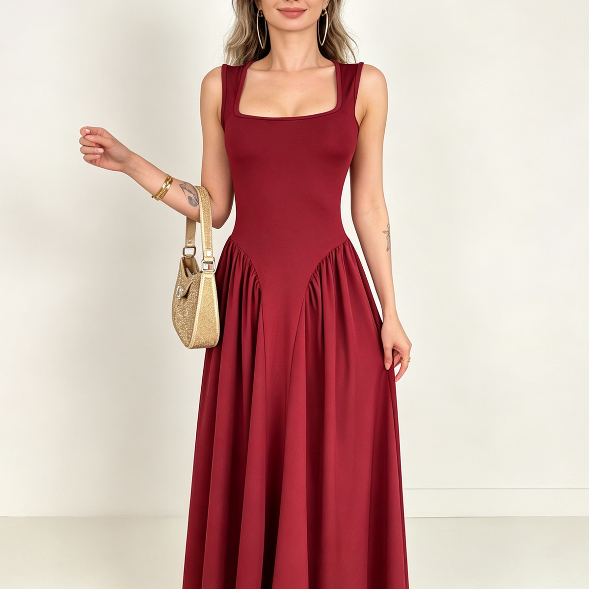 Square Neck Drop Waist Ruched Maxi Dress
