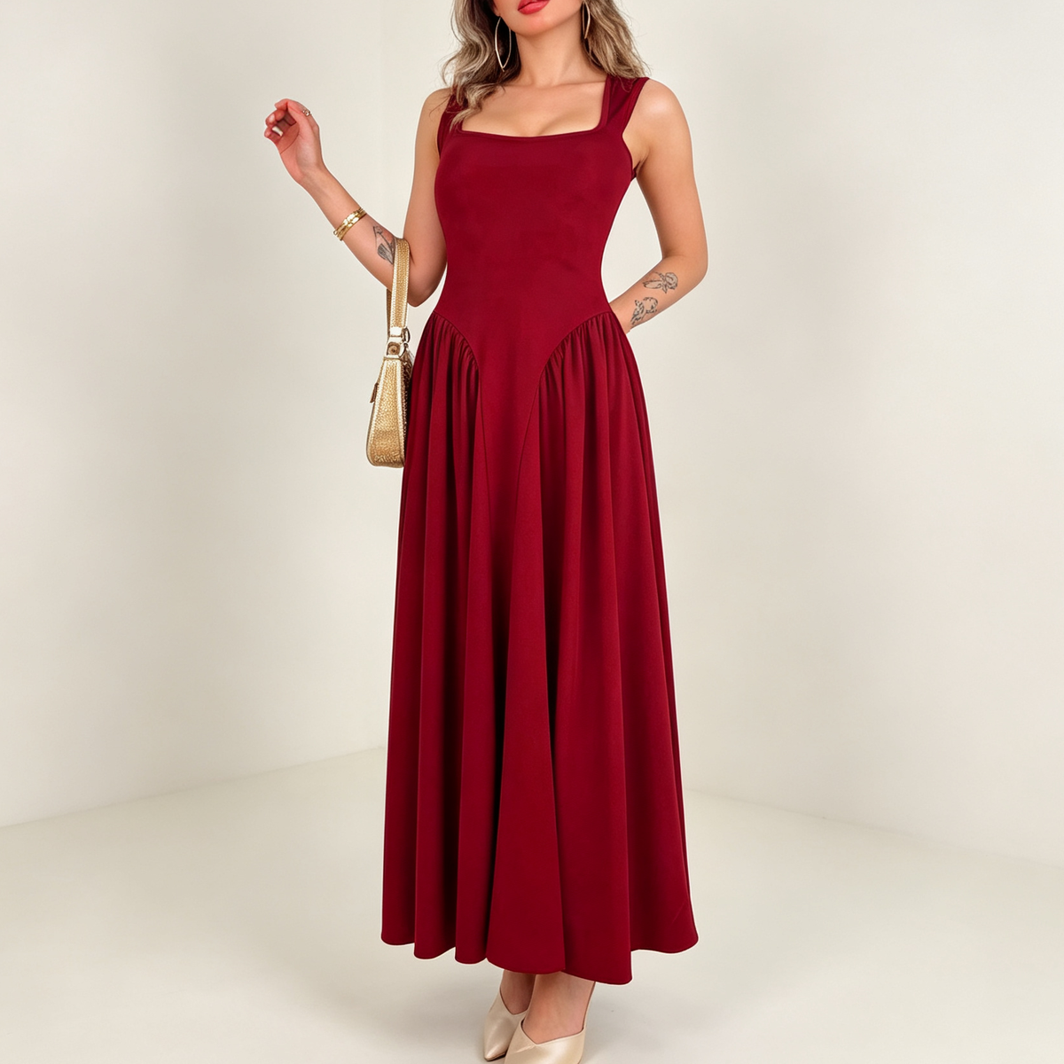 Square Neck Drop Waist Ruched Maxi Dress