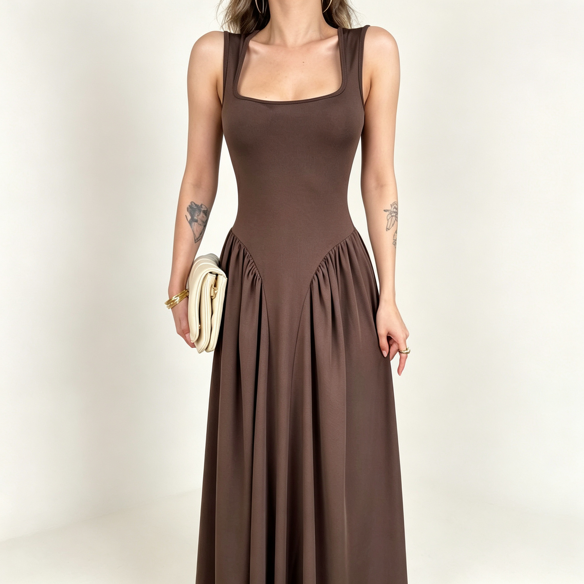 Square Neck Drop Waist Ruched Maxi Dress