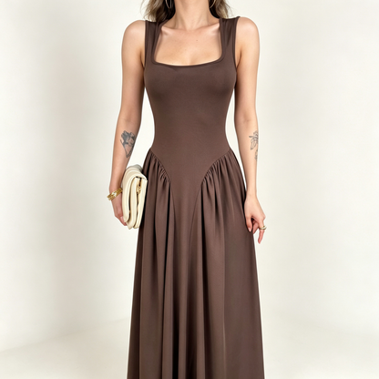 Square Neck Drop Waist Ruched Maxi Dress