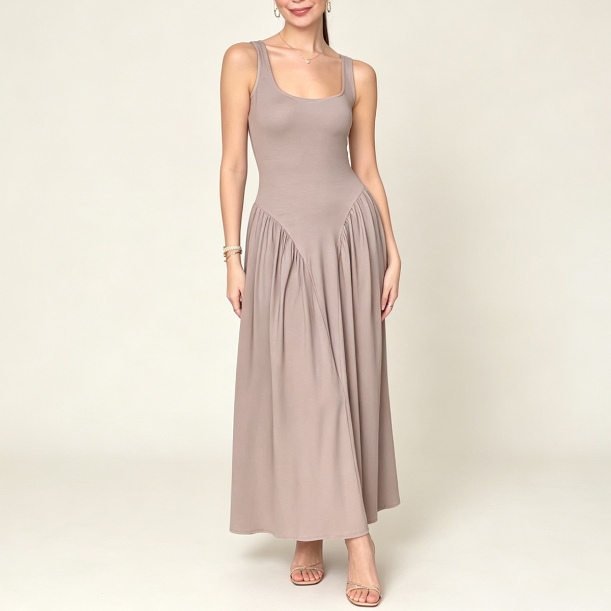 Square Neck Drop Waist Ruched Maxi Dress