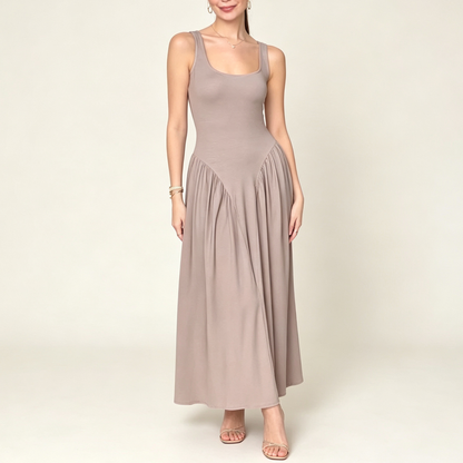 Square Neck Drop Waist Ruched Maxi Dress