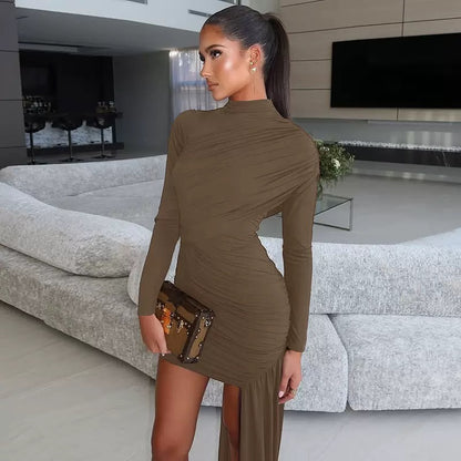 Ruched High-Neck Asymmetric Maxi-Train Mini Dress