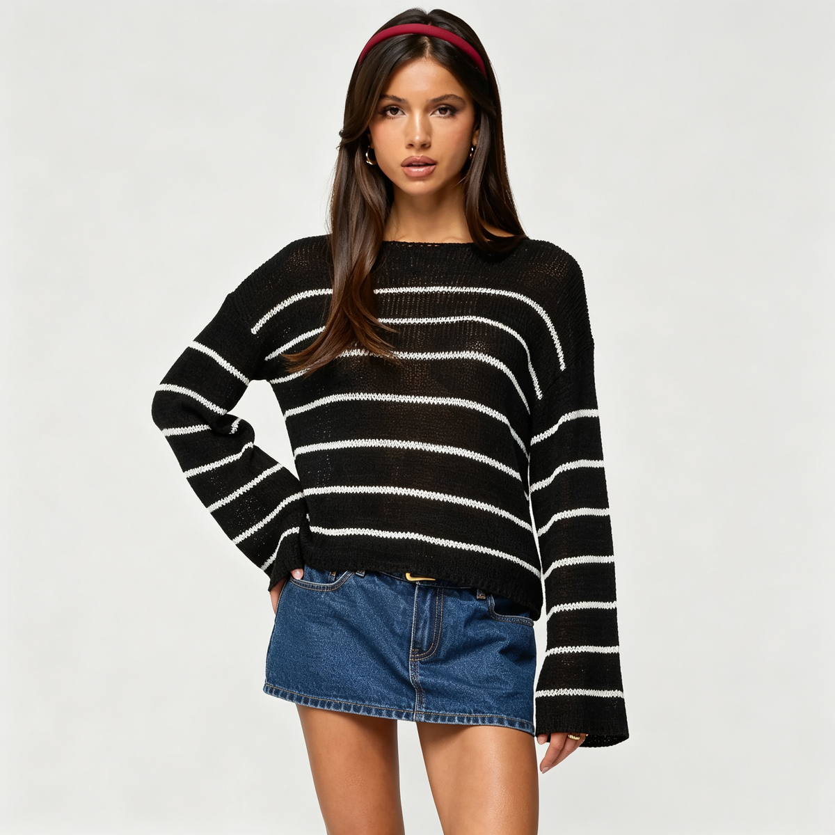Effortless Open-Knit Long Sleeve Sweater with Bell Sleeves