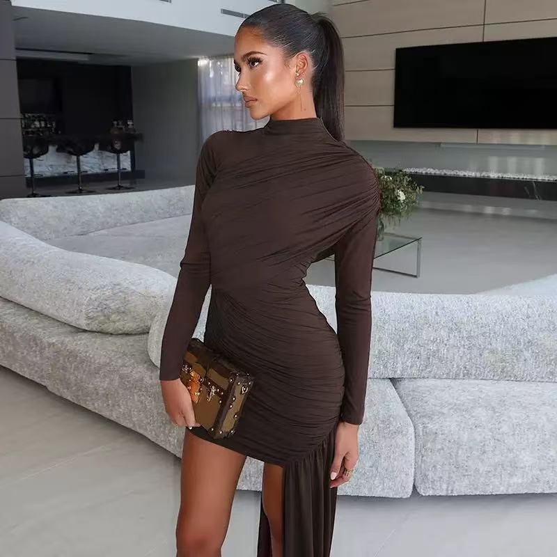 Ruched High-Neck Asymmetric Maxi-Train Mini Dress