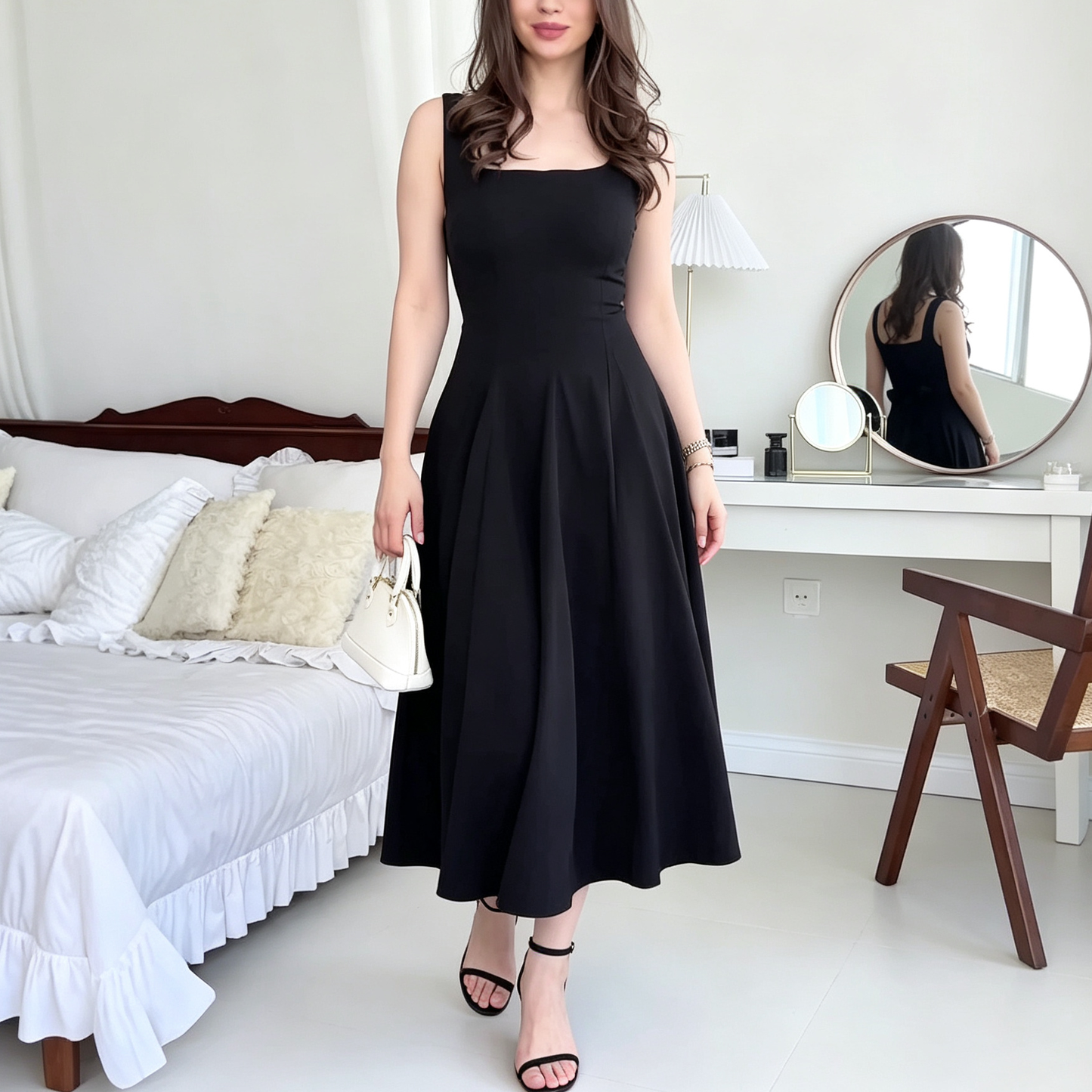 Elegant Square Neck Sleeveless Midi Dress with Flared Skirt